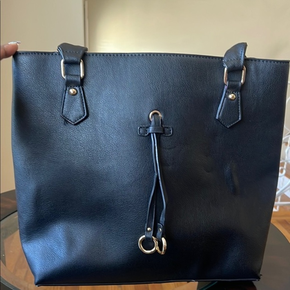 Black Faux Leather Structured Tote Bag Convertible Crossbody Handbag